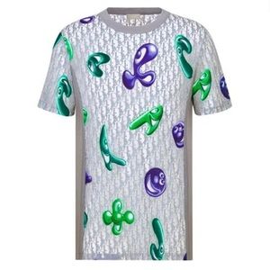 DIOR Men’s Oblique Sheer T-Shirt in Grey with Blue Designs | Size XXL